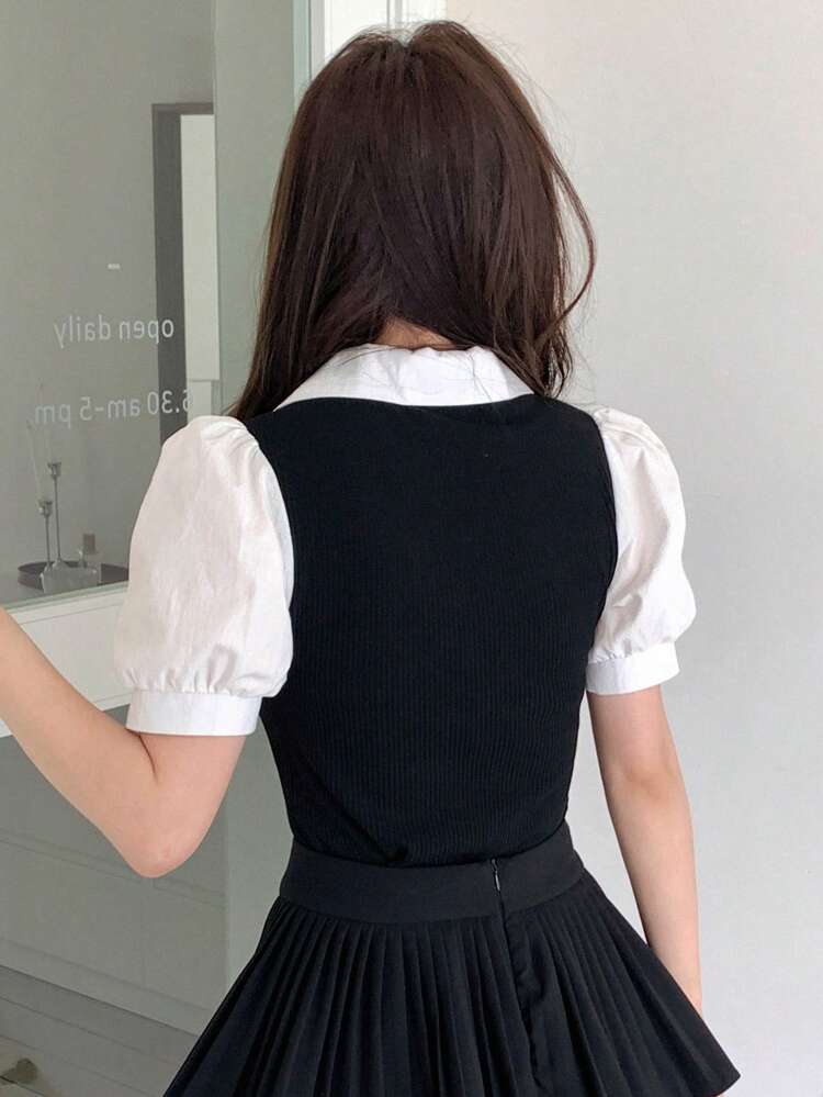 Color-Block Puff Sleeve Shirt With Lapel, Letter Pattern Print For Women Summer