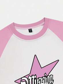 ROMWE MEN Prep Áo thun nam Colorblock Raglan tay áo in hình ngôi sao Y2k, trường học - Hồng - Xem 3