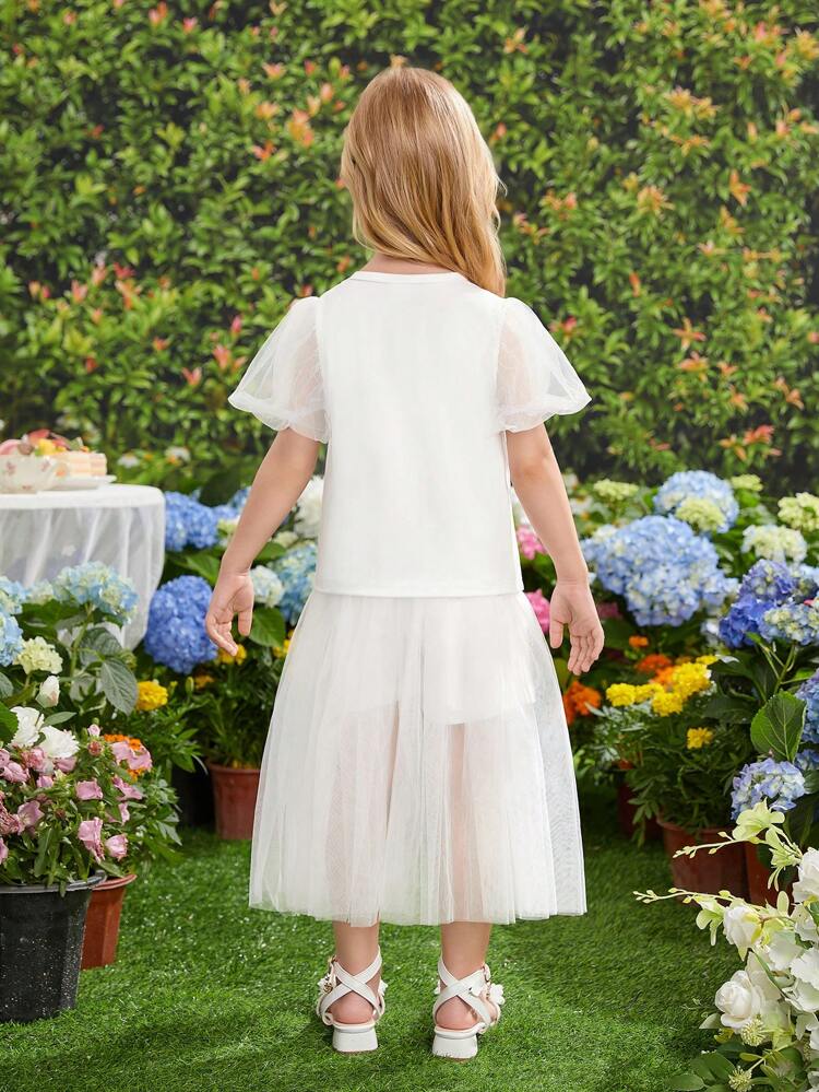 Young Girl's Outdoor Wedding Season, Chiffon White Two-Piece Set With Embellished Bow, 3d Puff Sleeves And Net Yarn Patchwork Shirt And Shorts