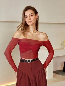 Ruched Detail Off-Shoulder Solid Color Sheer Mesh Top - Red - View 5