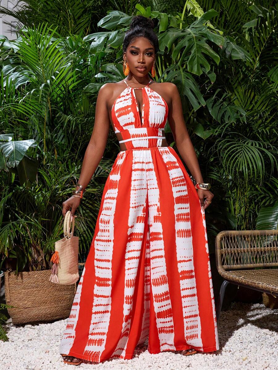 VaVaBold Women Simple Off-Shoulder Printed Jumpsuit For Everyday Wear - Orange - View 1