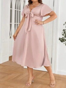 SHEIN Privé Plus Size Summer Elegant Front Tie Bowknot Waist Cinched Dress - Apricot - View 8