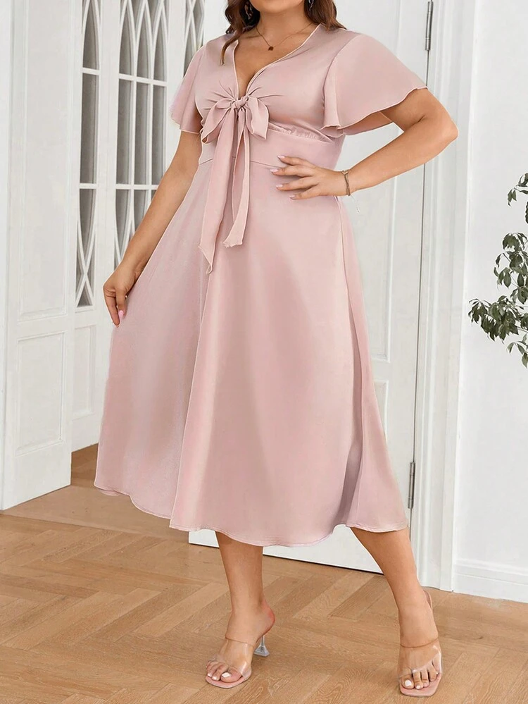 Plus Size Summer Elegant Front Tie Bowknot Waist Cinched Dress