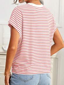 SHEIN Frenchy Áo thun sọc có cổ màu tương phản phong cách Pháp - Đỏ và trắng - Xem 2