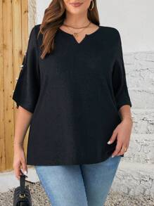EMERY ROSE Plus Size Summer Glitter Mesh Panel Split Sleeve Black T-Shirt - Black - View 3