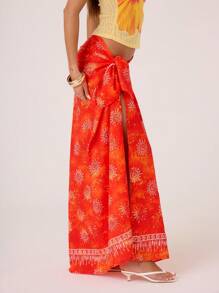 Musera Resort 沙滩阳光印花编织侧结纱笼长裙，适合夏季海滩度假，优雅泳装，伊比沙岛可爱欧式夏季春季 - 橘色 - 查看 4