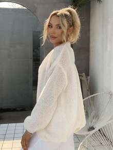 女士春秋季寬鬆蝙蝠袖長袖針織開衫，中長款 - 白色 - 查看 8