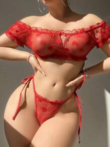 PetitDoll 蕾丝女士无钢圈文胸和内裤丁字裤性感内衣套装，2 件 - 紅色 - 查看 4