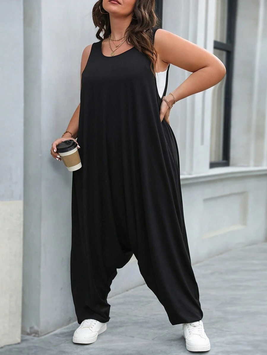 SHEIN CURVE+ Plus Size Black Loose Strap Jumpsuit With Harem Pants - Black - View 1