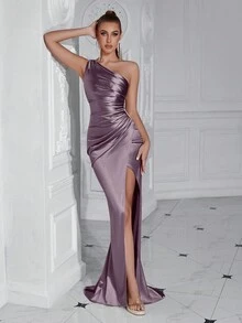 ADYCE Elegant Solid Color Ruched Asymmetric High Slit Maxi Dress, Suitable For Spring/Summer Wear, Party And Back To School - Purple - View 7
