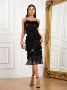 SHEIN Belle Áo hai dây thanh lịch, gợi cảm, sang trọng và hợp thời trang dành cho nữ có trang trí cổ lông, màu đen cổ điển, thiết kế tua rua và nối sequin, cạp cao và vừa vặn, hoàn hảo cho kỳ nghỉ, trở lại trường, lễ tốt nghiệp, tiệc tùng, tiệc cocktail và các dịp đặc biệt khác Váy dự tiệc cưới bán trang trọng, cho sinh nhật, tiệc tối, tiệc về quê - màu đen - Xem 4