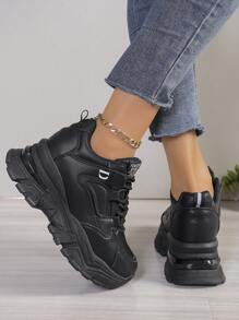 Zapatillas de plataforma para mujer con tacón con cuña oculta, zapatos deportivos informales para primavera y otoño - Negro - Ver 2