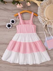 SHEIN Vintaside Kids Young Girl Fresh Color Block Cute Summer Suspender Dress