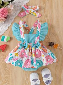 Vestido sin mangas para bebé niña con estampado de donas y caramelos dulces, con decoración de moño y dobladillo con volantes para vestido de verano - Rosa - Ver 1