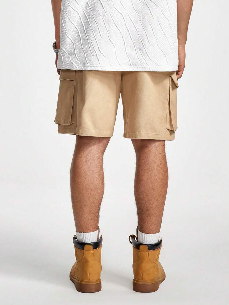 Men Summer Solid Color Drawstring Waist Workwear Pocket Casual Shorts