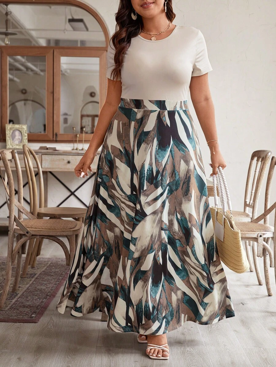 SHEIN Frenchy Summer Holiday Splice Dress Stretch Plus Size Boho Dress - Multicolor - View 1