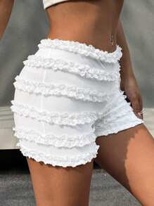 SHEIN EZwear Shorts de verão Y2K com renda franzida e babados para mulheres - Branco - Visão 5