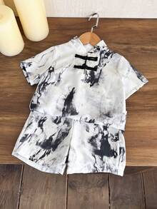 Young Boy 2pcs/Set Short Sleeve Stand Collar Ink Painting Hanfu Top With Buckle And Shorts, Suitable For Street Wear, School, And Outdoor Activities - Black - View 3