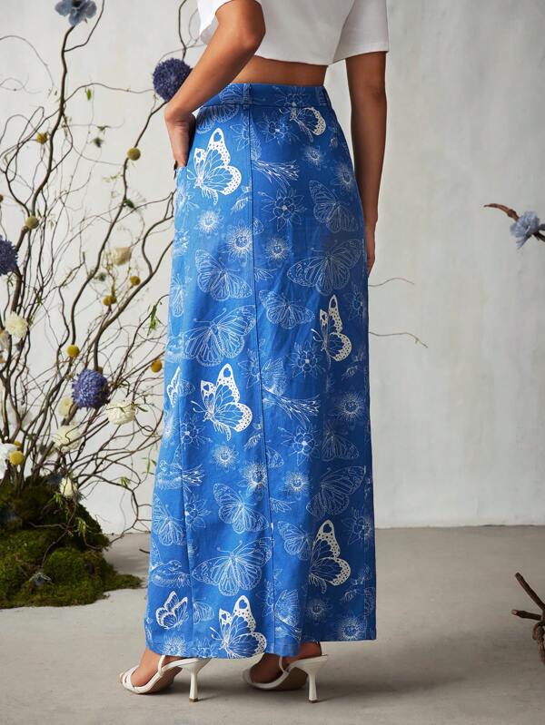 Frida Kahlo X SHEIN X Designer VERO DIAZ Women Butterfly Print Single Breasted Straight Skirt, For Summer, Holiday, Party, Thanksgiving, Festival