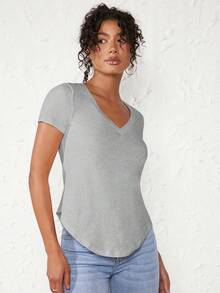 SHEIN BASICS 1pc Solid V Neck Curved Hem Tee,Summer Top - Grey - View 5