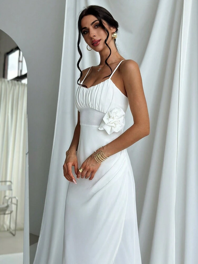 Women Sleeveless Dress With Pleated Bust, High Slit, 3D Floral Print, And Elegant Style For Summer