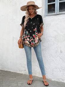 EMERY ROSE Women's Summer Positioning Floral Print Patchwork Leopard Round Neck Short-Sleeve T-Shirt - Multicolor - View 3