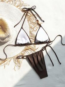 Swim Chiccia Ladies Holiday Solid Color Beaded Halter Simple Fashion Bikini Set Separated Bikini Set, Summer Beach Bathing Suit - Coffee Brown - View 8