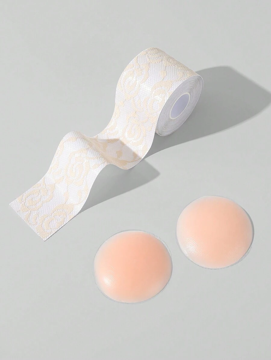 1 Roll Lace Breast Petals For Lift And 1 Pair Silicone Anti-Protrusion Nipple Covers (Round)