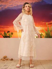 Aveloria Women Star Print Mesh Splice 3D Floral Decor Long Sleeve Loose Dress
