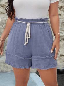 SHEIN Clasi Pantalones cortos texturizados de cintura elástica con diseño sencillo y de moda para tallas grandes en verano - Azul - Ver 3