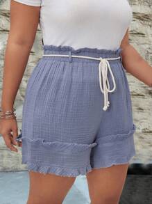 SHEIN Clasi Pantalones cortos texturizados de cintura elástica con diseño sencillo y de moda para tallas grandes en verano - Azul - Ver 4