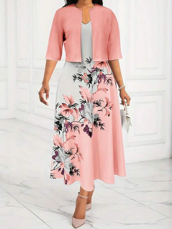 EMERY ROSE Plus Size Color Block Floral Print Sleeveless Dress & Solid Short Jacket 2pcs/Set