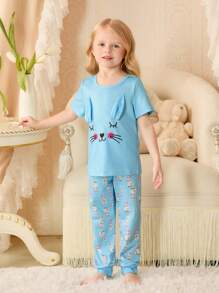 Girls 3D Rabbit Ear Short Sleeve Allover Print Shirt & Pants Casual Loungewear Set, Spring & Summer - Blue - View 4