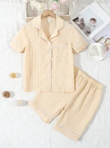 少女杏色簡約可翻領短袖上衣和短褲，休閒寬鬆2件套家居服裝組合