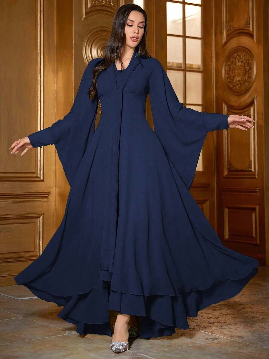 Vestido de cintura ceñida con mangas acampanadas de unicolor para mujer - Azul - Ver 1