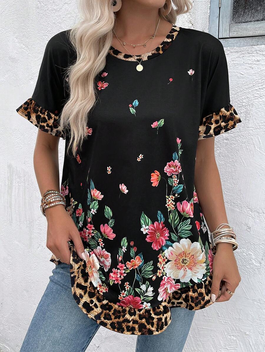 EMERY ROSE Women's Summer Positioning Floral Print Patchwork Leopard Round Neck Short-Sleeve T-Shirt - Multicolor - View 1