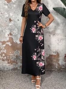 EMERY ROSE Women V-Neck Short Sleeve Long Elegant Summer Floral Dress For Vacation - Multicolor - View 1