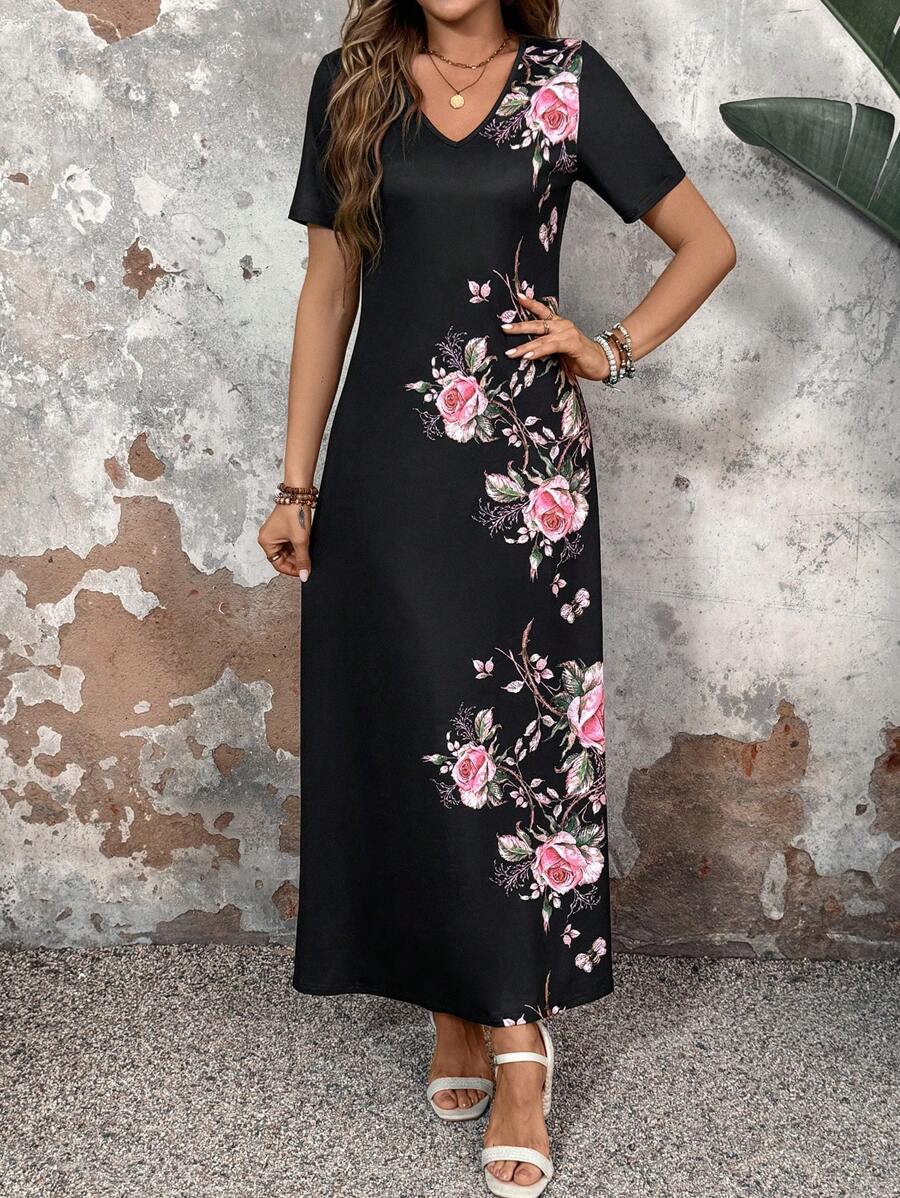 EMERY ROSE Women V-Neck Short Sleeve Long Elegant Summer Floral Dress For Vacation - Multicolor - View 1