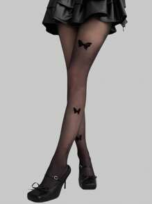 ROMWE Fairycore 1pair Women Sheer Tights With Three Black Butterflies, For All Seasons - Black - View 4