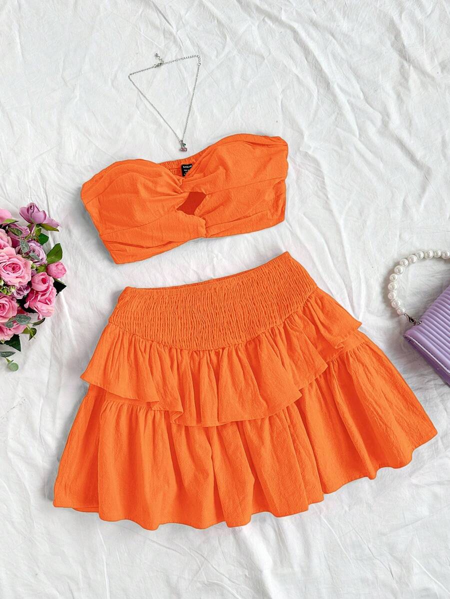 Soleia Twisted Strapless Crop Top & High Waist A-Line Midi Skirt, Two-Piece Set - Orange - View 1