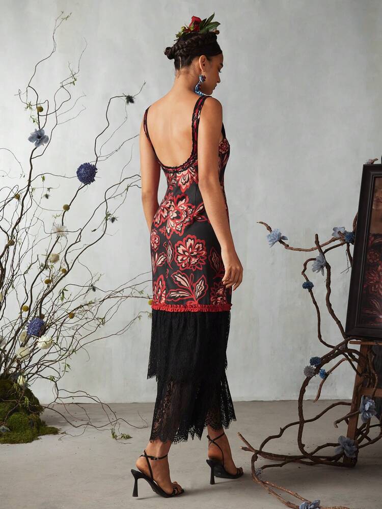 Boho Bohemian Floral Printed Lace Splice Low Back Dress Summer Elegant Dress, Holiday, Party, Thanksgiving, Vacation, Festival