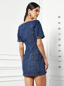 MISSGUIDED Buttoned Scoop Neck Denim Mini Dress - Blue - View 2