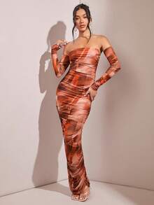 SHEIN BAE Women Printed Pleated Off Shoulder Summer Dress - Multicolor - View 4