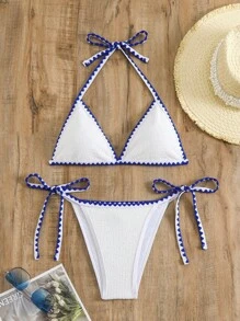 SHEIN Swim مجموعة بكيني بلون مقسّم بحزام خلفي شرابي وأعلى + قاع بكيني مربوط عند الخصر مجموعة بكيني قطعتين للمسبح والشاطئ ، شاطئ الصيف