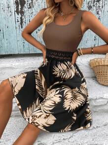 SHEIN LUNE Váy không tay in hình cây thông thường ngày lễ - màu nâu - Xem 6