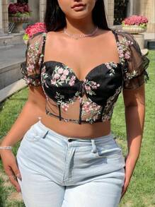SHEIN MOD Plus Size Women's Sheer Mesh Embroidered Floral Bustier Top - Black - View 3