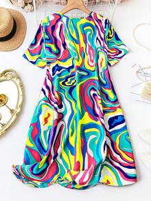 SHEIN LUNE Plus Size Nữ Váy dáng rộng in họa tiết cẩm thạch có tay ngắn, mùa hè - Màu xanh lam - Xem 2