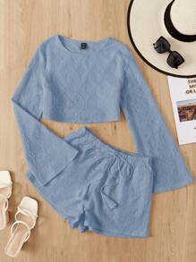 Soleia Conjunto informal de 2 piezas para mujer para vacaciones, top de manga corta con dobladillo acampanado y pantalones cortos con cinturón en la cintura