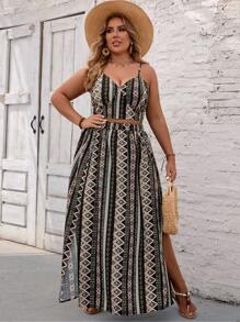 SHEIN VCAY 大尺碼復古印花假兩件套裝，度假風格背心上衣和高衩裙 - 軍綠色 - 查看 3