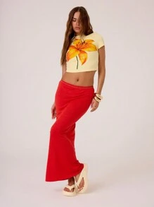 MUSERA 女士夏季印花短袖露脐T恤，立领设计，适合伊比沙岛度假穿着 - 黃色 - 查看 4